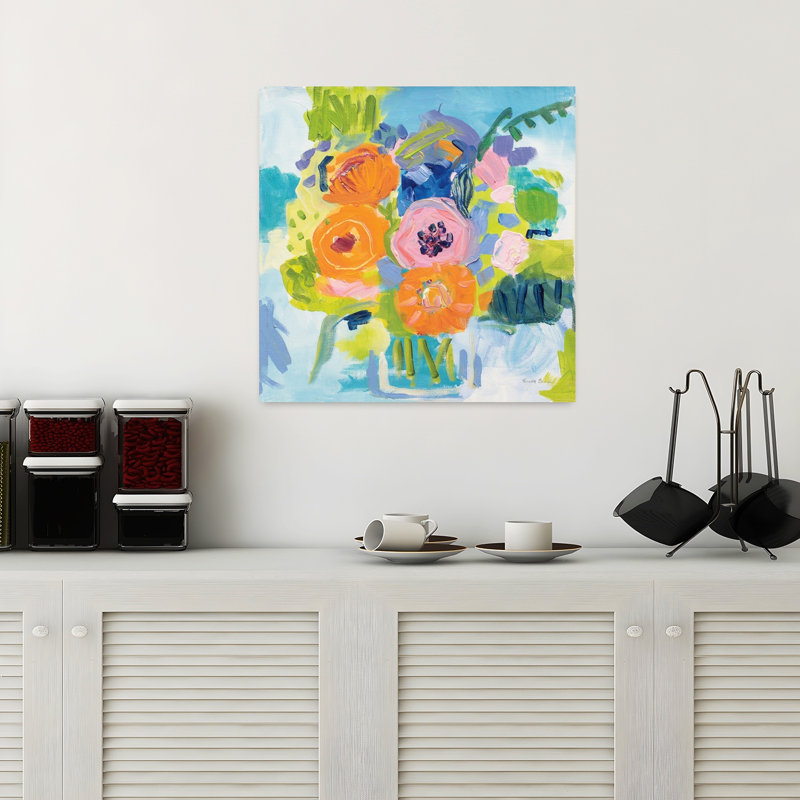 Bouquet d'été contemporain avec art abstrait bleu, H 18 po x l 18 po