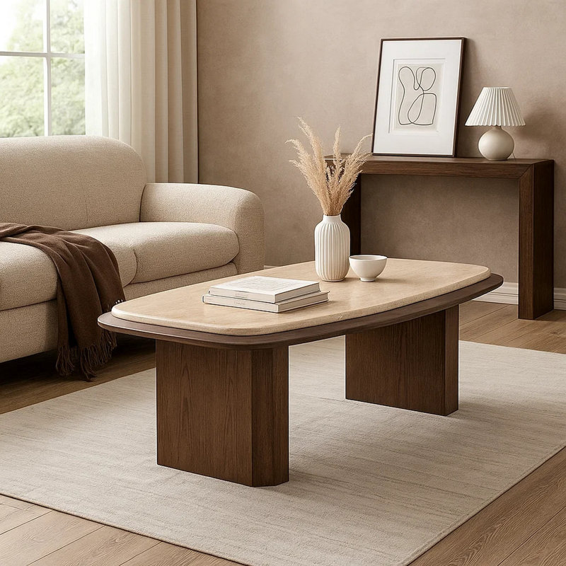 Table basse Pery, plateau en pierre de travertin beige 51 po, brun noyer