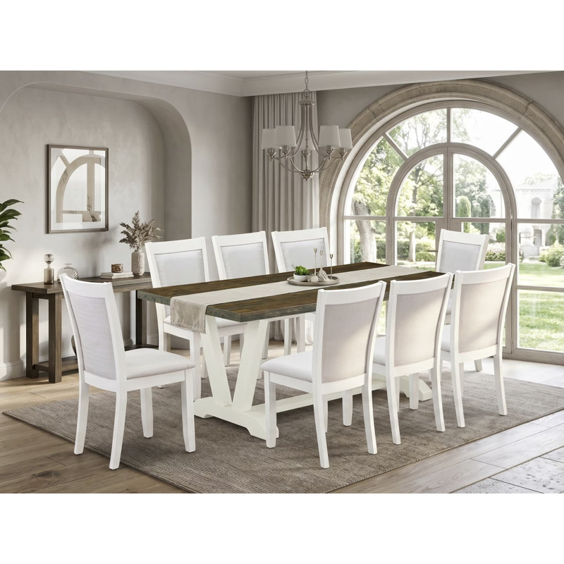 9 Piece Modern Dining Table Set Includes a Rectangle Wooden Table with V-Legs and 8 Cream Linen Fabric Parson Dining Chairs, 40x72 Inch