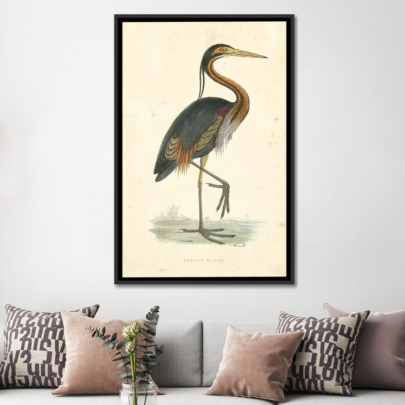 « rétro héron », impression sur toile, H 26 po x l 18 po x P 1,5 po, Toile avec cadre noir, Pas de tapis