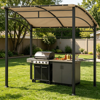 Khaki Curved Polyester Canopy BBQ Grill Shelter 2.2 Metre by 1.5 Metre Powder Coated Metal Frame Outdoor Patio Gazebo Equipped with Ten Utensil Hanging Hooks for Backyard Barbecue Cooking