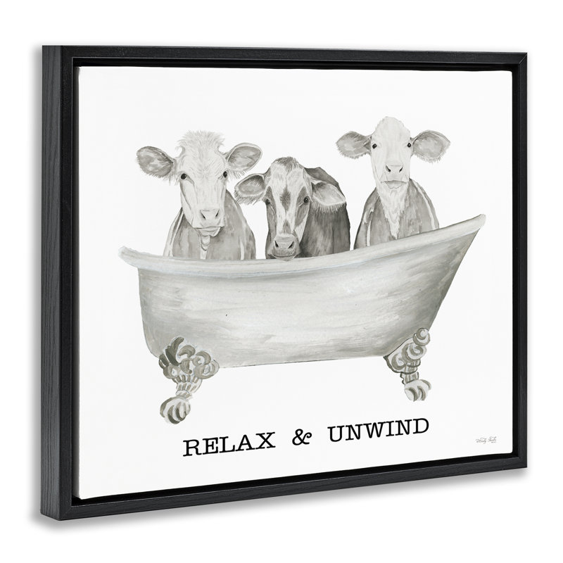 "Relax Unwind Cow Tub", art mural sur toile flottante par Cindy Jacobs, Cadre flottant noir de jais, H 17 po x l 21 po