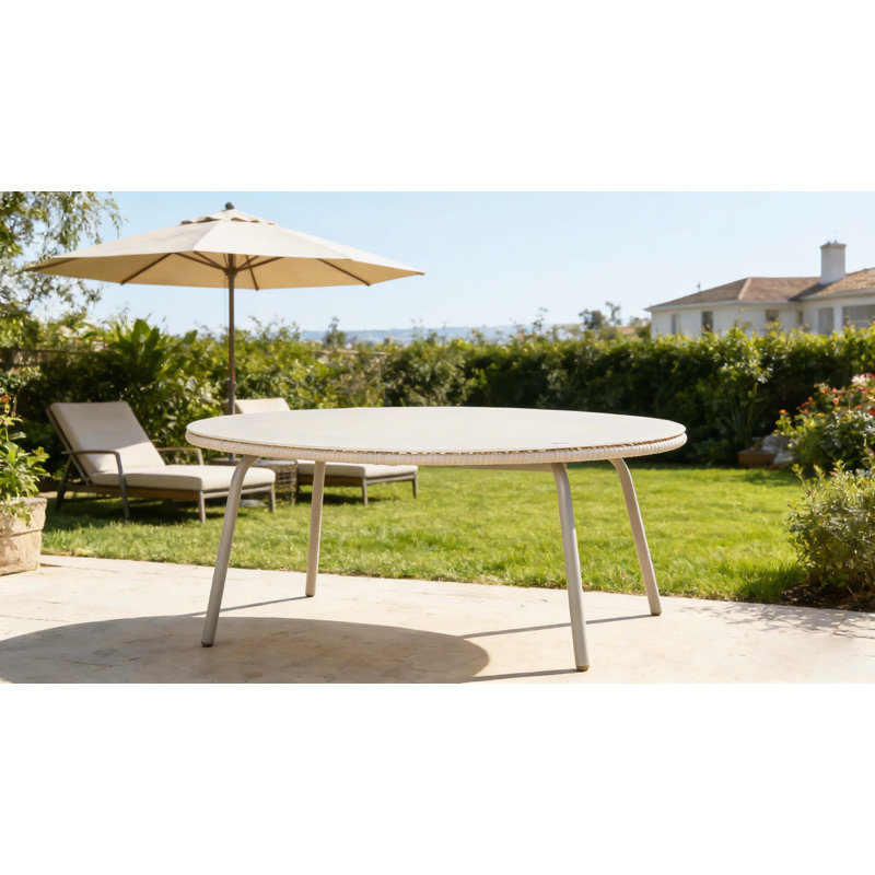 Table de salle à manger ronde en verre PE blanc cassé pour l'extérieur