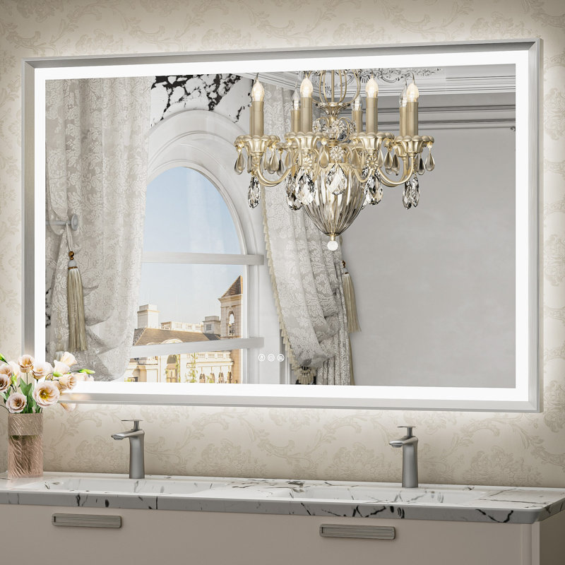 Miroir de salle de bain à DEL New Rockford, 55 po x 36 po, Nickel brossé, Rectangulaire