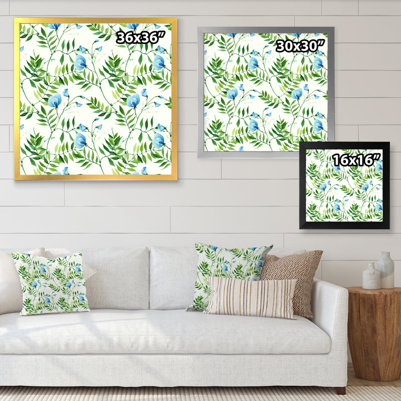 Feuilles tropicales avec petites fleurs bleues - peinture sur toile, Cadre doré, H 31,5 po x l 31,5 po x P 1 po