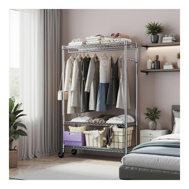 Portant à vêtements robuste sur roulettes, organisateur de garde-robe sur roulettes et support à vêtements avec 1 tringle à vêtements, garde-robe ajustable en métal, P 15,7 po x l 45,3 po x H 75,6 po, chrome