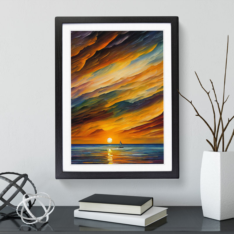 Boats Under The Sunset No.3 - Painting, Black Framed, 66cm H x 48cm W x 2cm D, White