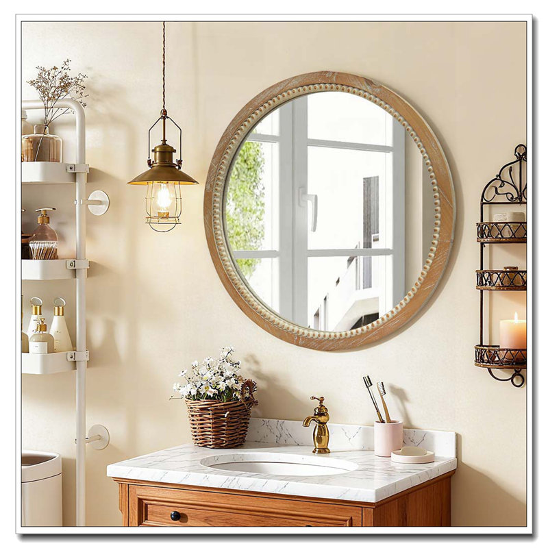 Round Distressed Wood Beaded Wall Mirror