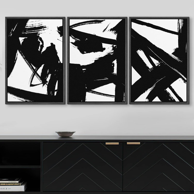BAW noir et blanc, peinture abstraite, formes abstraites, minimaliste moderne, 3 pièces, Cadre flottant noir