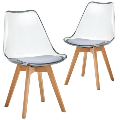 Ensemble de 2 chaises de salle à manger en acrylique, chaise de cuisine transparente avec assise rembourrée, pieds en bois massif, pour salon ou bureau, gris pâle
