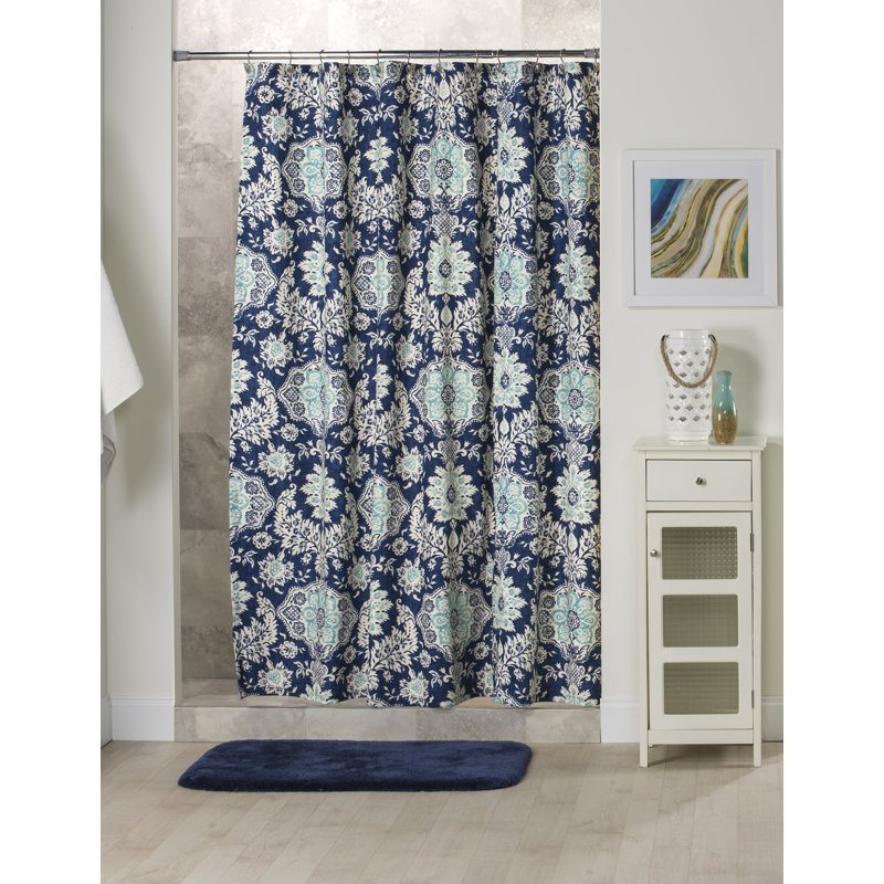 Rideau de douche en coton Belmont Harbor, Bleu / Crème