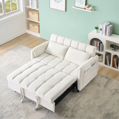 52" Beige Modern Velvet Sofa, Sofa Pullout Bed, Small Love Seat Casual Sofa With Back, Pillow, Pockets, Living Room Furniture, 3 In 1 Convertible Sleep Sofa Bed.
