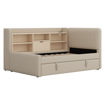 Upholstered Daybed With Trundle, Storage Shelves, USB & Outlet