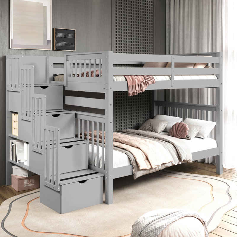 Tena Solid Wood Standard Stairway Bunk Beds Full over Full, 4 Drawers in the Steps, Gray, null, null