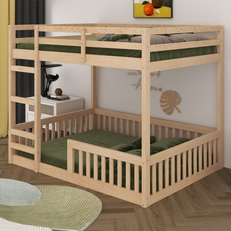 Full Over Full Wood Bunk Bed With Ladder And Guardrails, Solid Wood Bunk Bed Frame For Boys Girls, No Box Spring Needed
