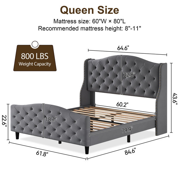 Ebern Designs Queen Size Bed Frame with Headboard & Footboard, Tufted ...