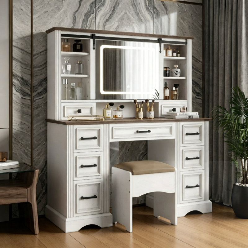 Ensemble de meuble-lavabo à miroir coulissant 9 tiroirs avec lumières DEL et tabouret de rangement