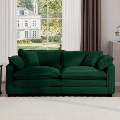 Canapé de salon moderne en tissu avec 4 coussins rembourrés et profond, velours côtelé vert
