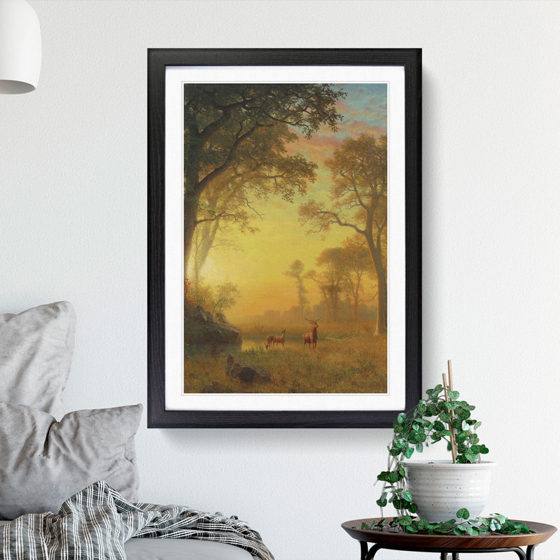 Sunset River with Deer by Albert Bierstadt - Picture Frame Painting, 48cm H x 36cm W x 2cm D, Black Framed