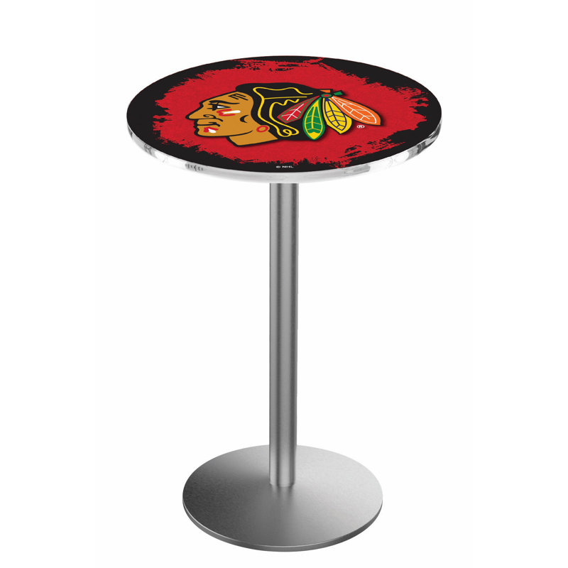 NHL Round Metal Base Dining Table, Stainless Steel, Chicago Blackhawks - Red