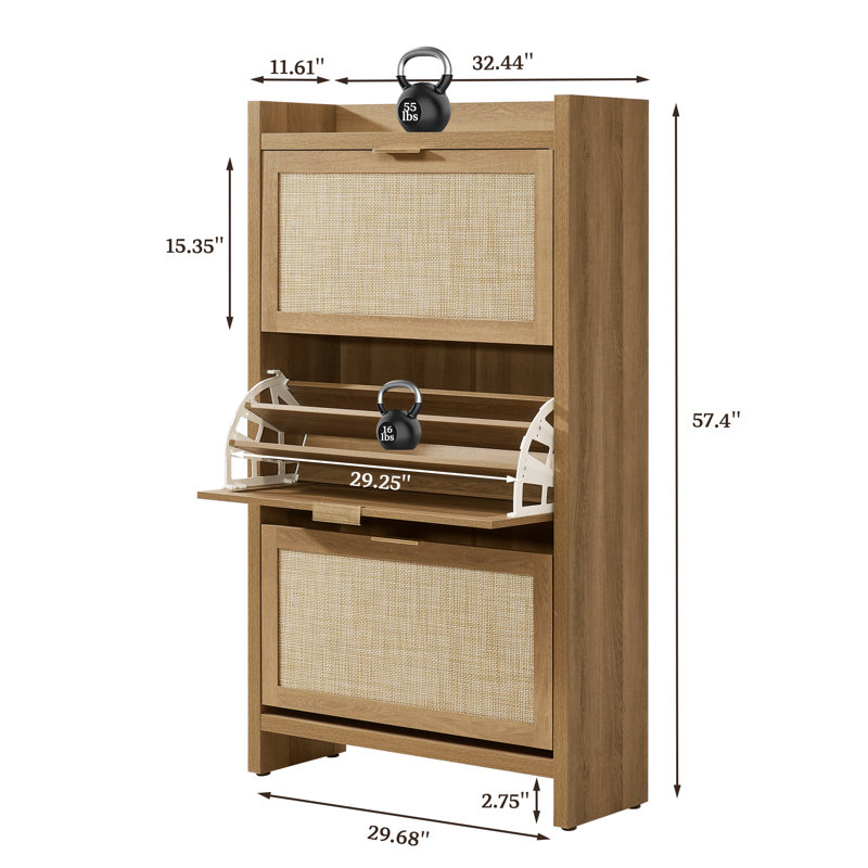 57.4'' H Rattan Shoe Cabinet with 2 Flip Drawers & Adjustable Shelves, Narrow Entryway Shoe Storage Organizer with Spacious Tabletop & Metal Handles