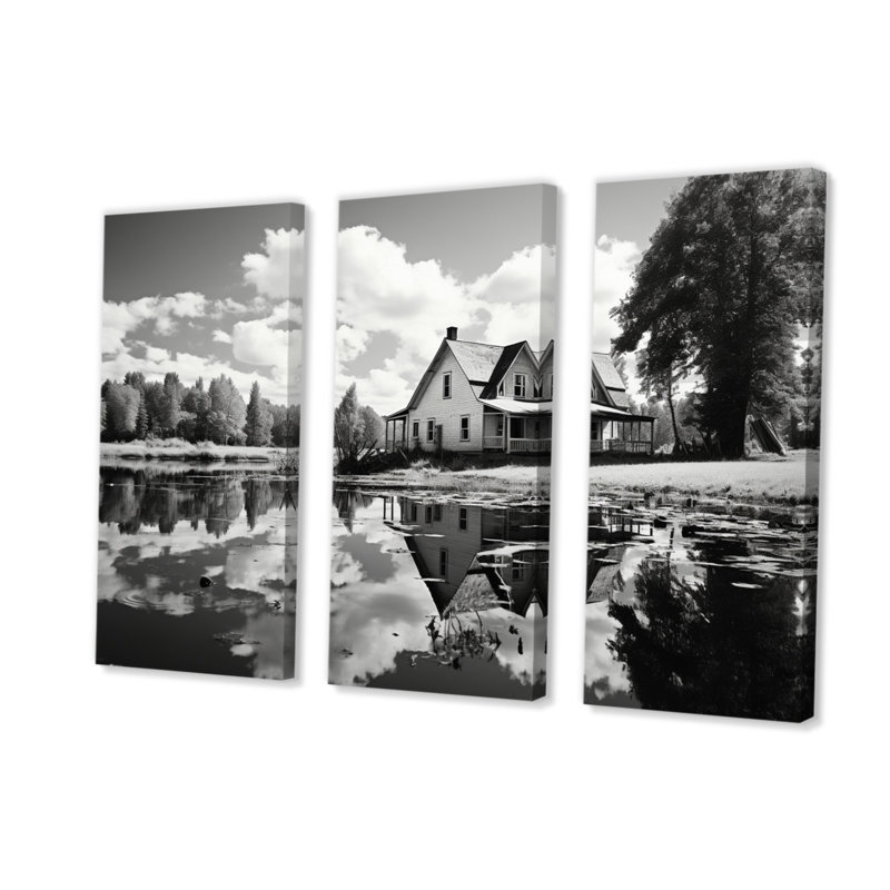 Farmhouse, campagne, reflet sur toile, 3 pièces, H 28 po x l 36 po x P 1 po