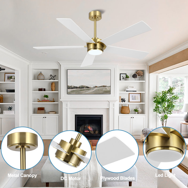 5 Blades Indoor Ceiling Fan Dimmable LED Light Kit And Remote , 6-Speed Noiseless Reversible DC Motor, Gold with White Blades