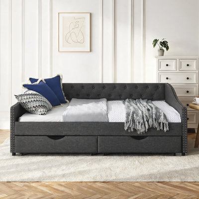 Alphonse Burwell Full Upholstered Daybed with Storage Drawers, Dark Gray