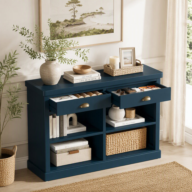 Console avec 2 tiroirs et tablettes de rangement ouvertes, table d'entrée