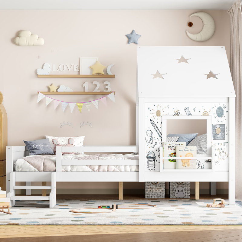 Full Size House Bed Frame With Cute Star-shape Roof And Window For Boys Girls Teens, Solid Wood House With Low-profile Stairs And Bookcase, Blackboard Design, White