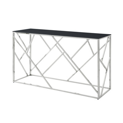 Modern Glass Console Table, 55" Gold Sofa Table With Sturdy Metal Frame And Black Tempered Glass Top, For Living Room Entryway Bedroom, Chrome Finish