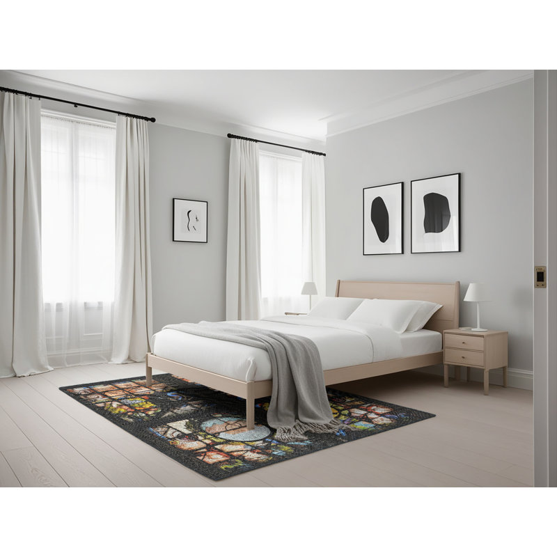 Tapis noir/brun/jaune à motifs, Rectangle 5 pi x 7 pi