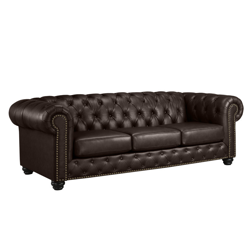 Canapé Chesterfield en cuir à accoudoirs roulés 93 po Orner, Cuir assorti espresso