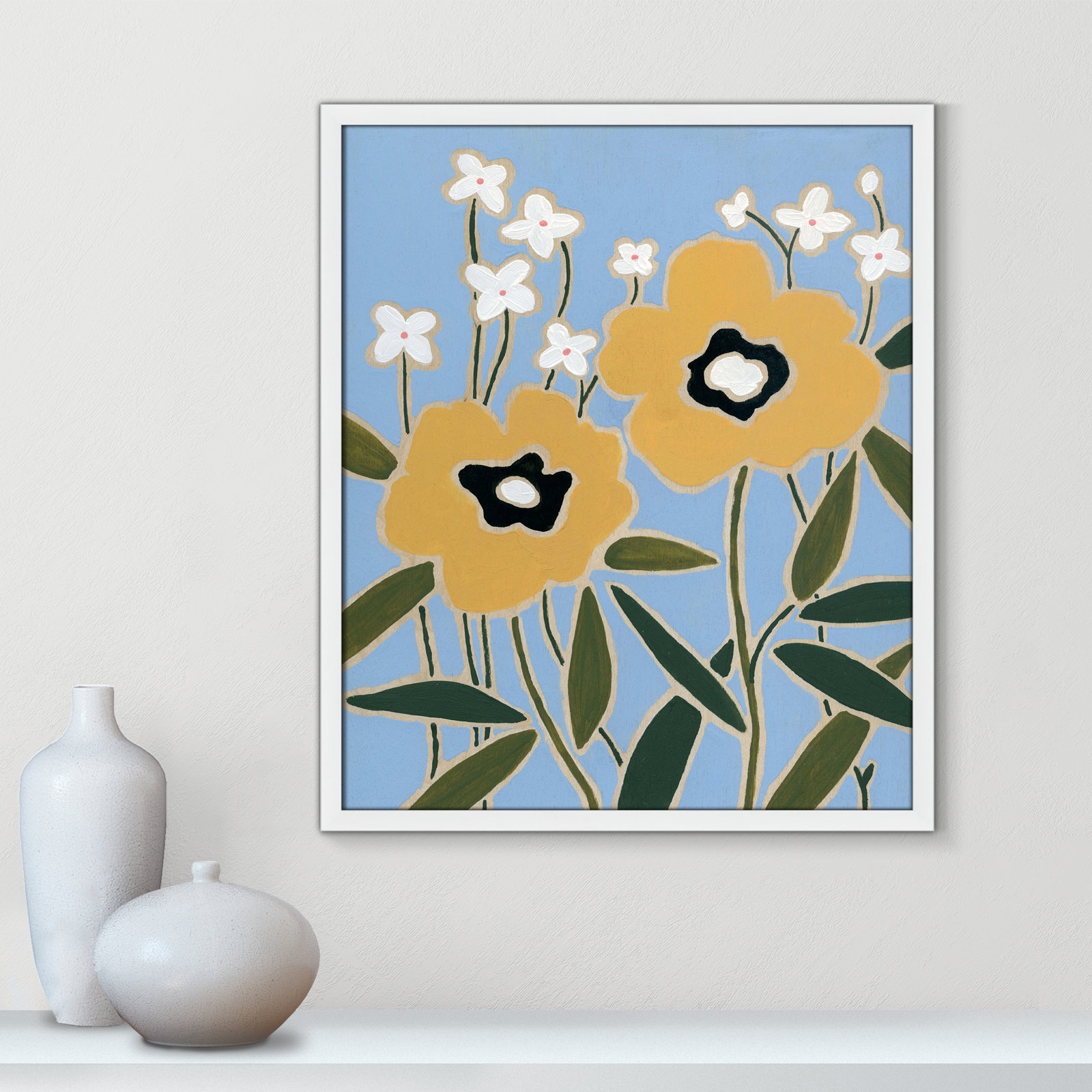 Maura "Woodblock Floral II" Print, 25.5" H x 21.5" W x 1.25" D, Satin White Framed