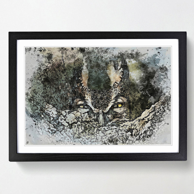 Long-Eared Owl in Abstract - Picture Frame Painting Print, 27cm H x 36cm W x 2cm D, Black Framed