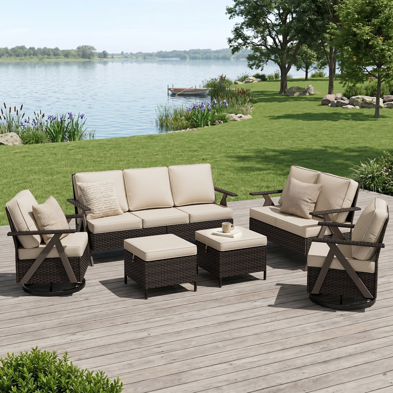 6-Piece Outdoor Patio PE Wicker Set With Sofas, 2 Swivel Chairs, 2 Ottomans & Beige Cushion, Beige