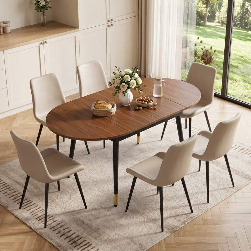 Modern Mid-Century 7-Piece Dining Set, 79" Oval Extendable With Upholstered Dining Chairs , Gray