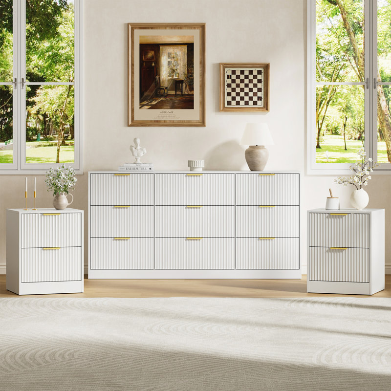 Ensemble 3 pièces commode 9 tiroirs et table de chevet 2 tiroirs, Blanc