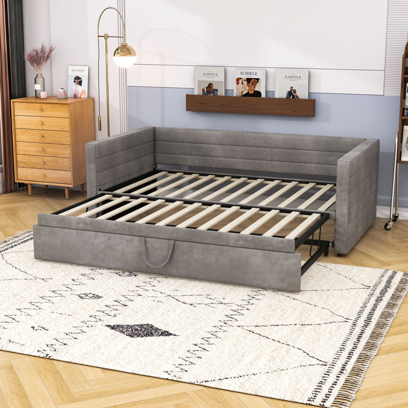 Lit de jour simple rembourré avec design extensible de taille simple à très grand, Gris