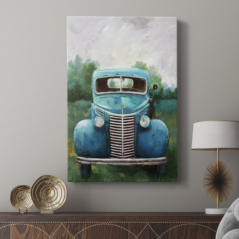 Camion bleu rétro - galerie Cavas sur mesure, H 36 po x l 24 po