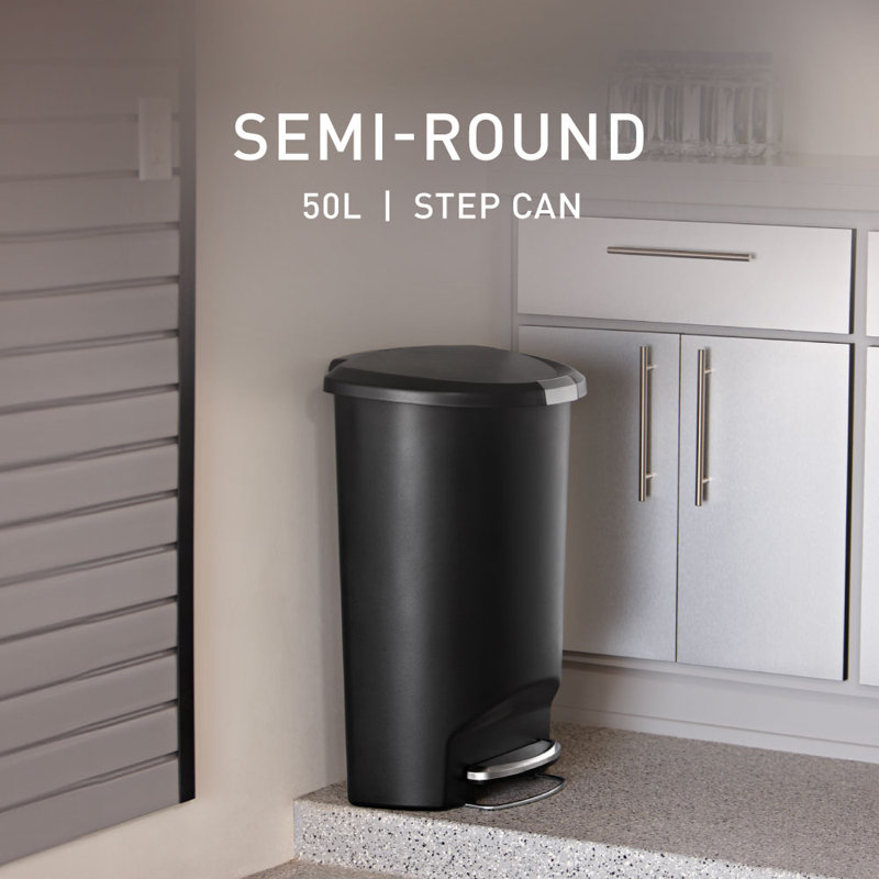 Simplehuman 50 Liter / 13 Gallon Semi-Round Kitchen Step Trash Can with Secure Slide Lock, Plastic, Black