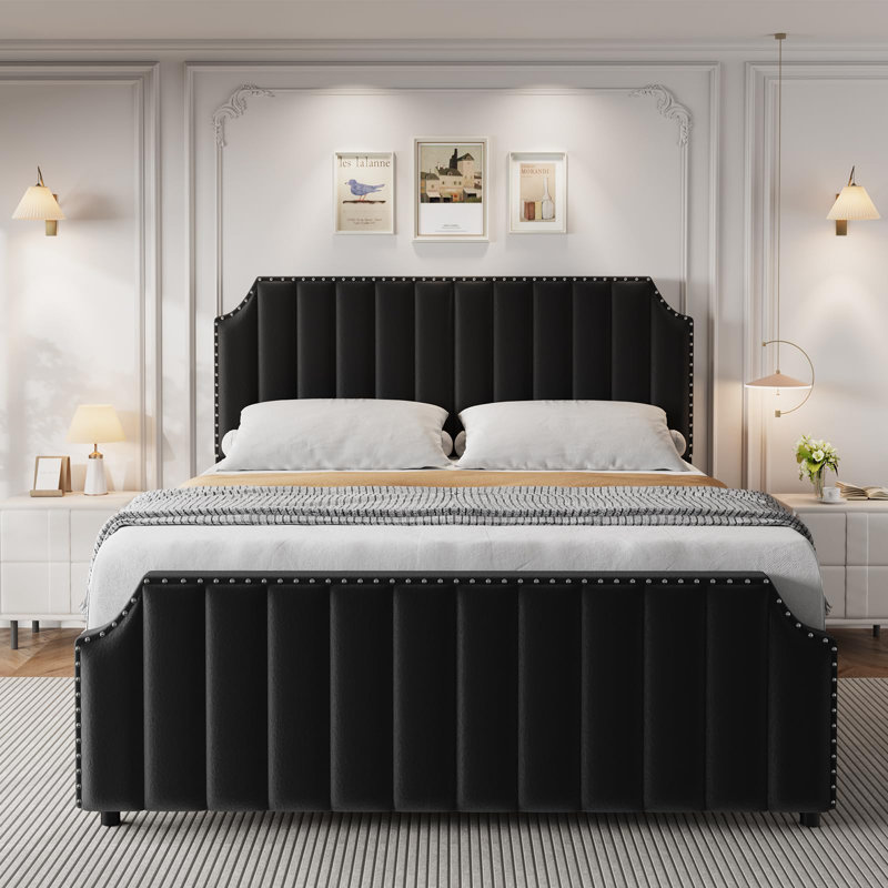 Bed Frame with 50.2" Headboard, Upholstered Platform Bed Frame with Vertical Channel Tufted Velvet Fabric, Extra Large Tufted headboard, Nailhead Trim, No Box Spring Needed