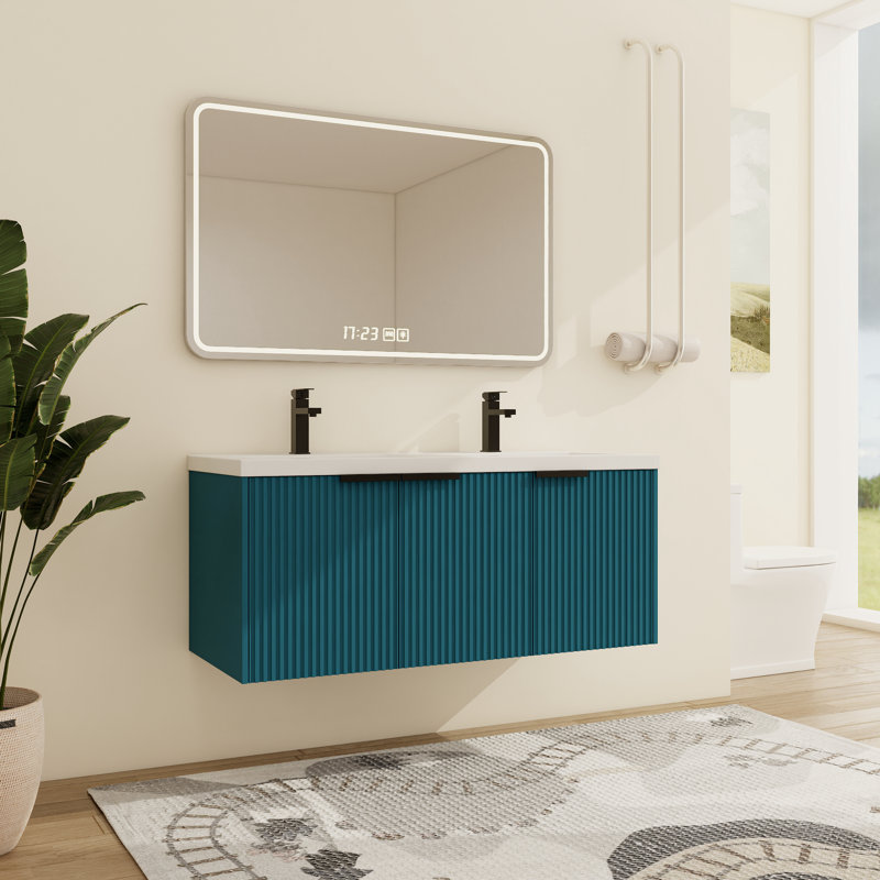 Meuble-lavabo double mural 48 po avec plateau en résine Farnor, Bleu lac, 48"