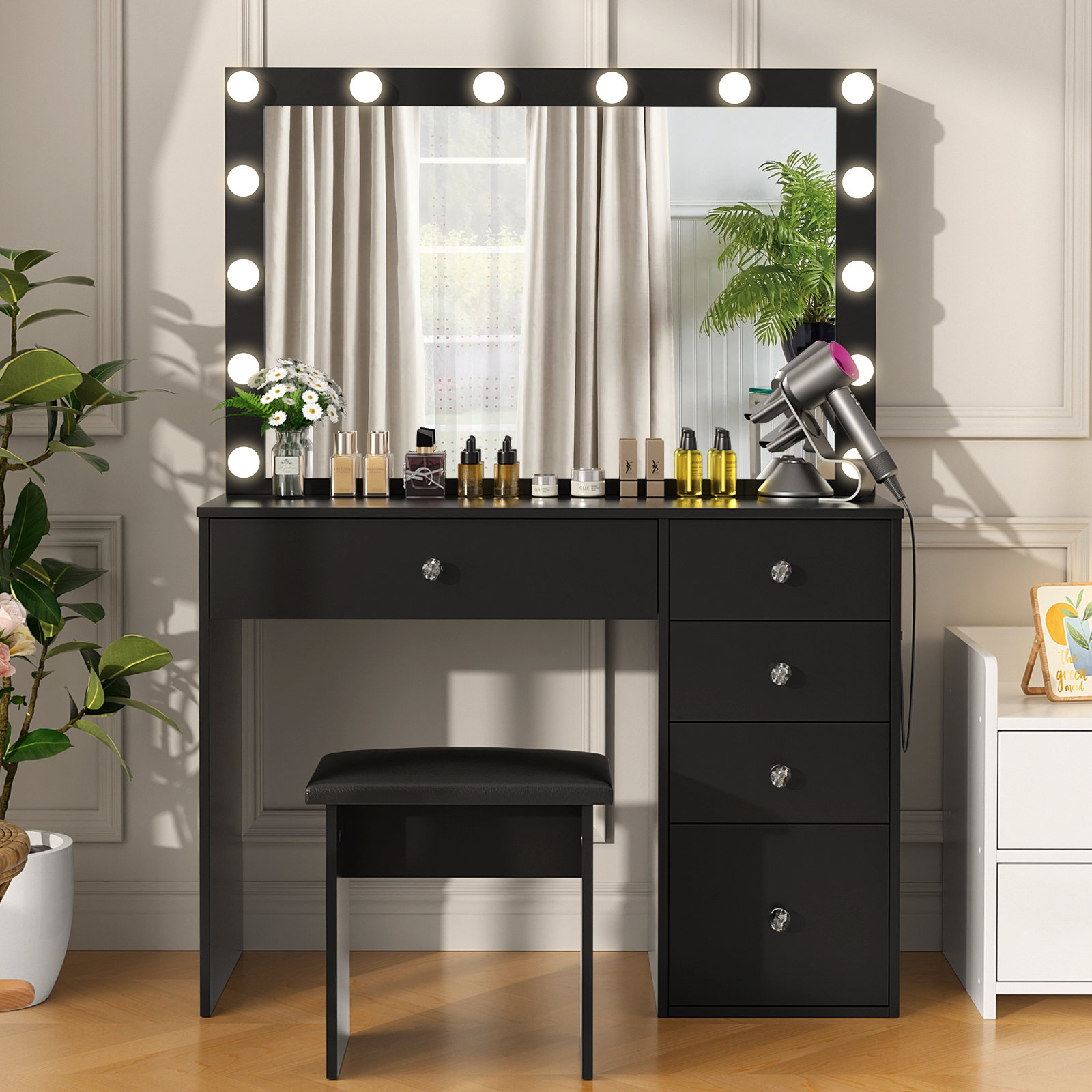 Latitude Run® Calijah Makeup Vanity with Hidden Sliding Storage Shelves ...