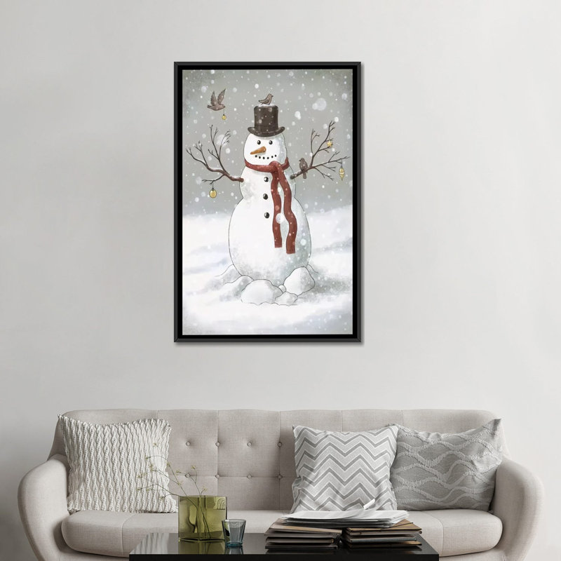 Bonhomme de neige de Noël - peinture, Toile encadrée noire, Pas de tapis, H 48 po x l 32 po x P 1,5 po
