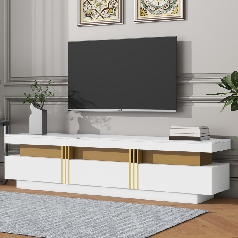 Meuble télé de luxe avec console média rectangulaire en faux marbre ultrabrillant et 3 compartiments de rangement pour téléviseurs de 78 po ou moins