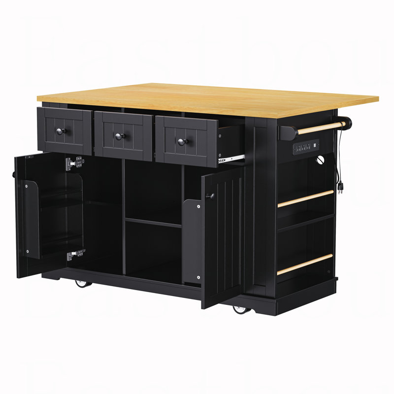 53inch Large Kitchen Island with Drop Leaf, Power Outlet, Door Internal Storage Rack, Rolling Kitchen Cart on 5 Wheels with 5 Open Side Racks for Kitchen, Dining Room,Black(Not include bar stools)
