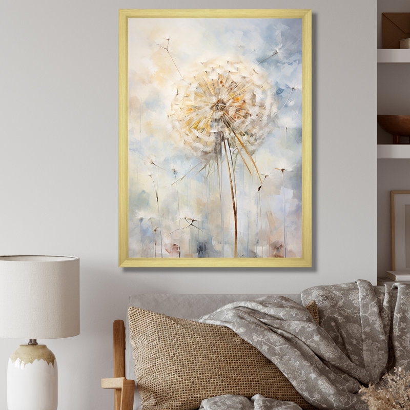 Dandelion Charm in Winter I - Pissenlit, art mural, Cadre doré simple, H 32 po x l 24 po x P 1 po