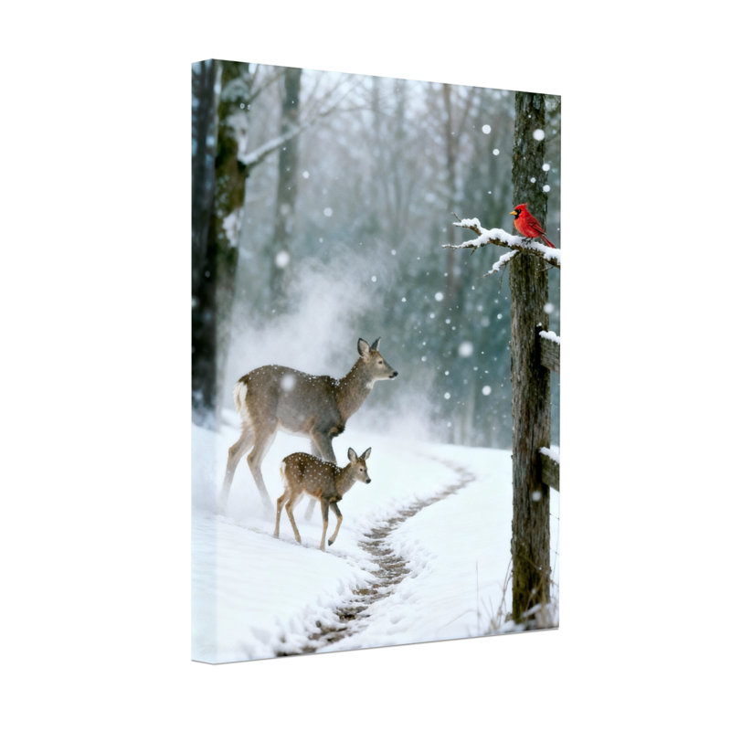 Animaux, hiver, cerf et cardinal, scène, H 30 po x l 20 po