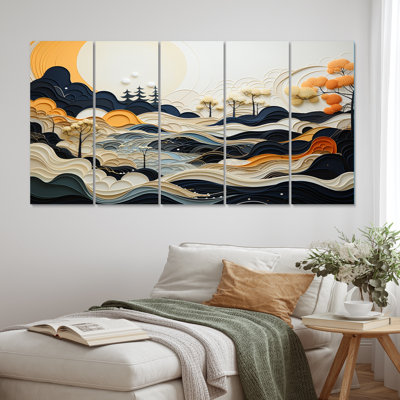 «Gray Orange Line Art Landscape», reproduction de toile tendue 5 pièces